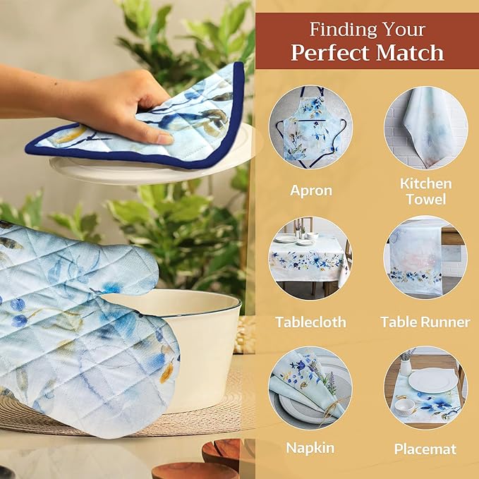 Maison d' Hermine 100% Cotton Oven Mitt & Pot Holder Set (7.5"x13" & 8"x8") Heat Resistant BBQ Cooking Gloves with Loop, Baking, Grilling, Kitchen, Handling Hot Pans Spring/Summer (Lazy Summer Days)