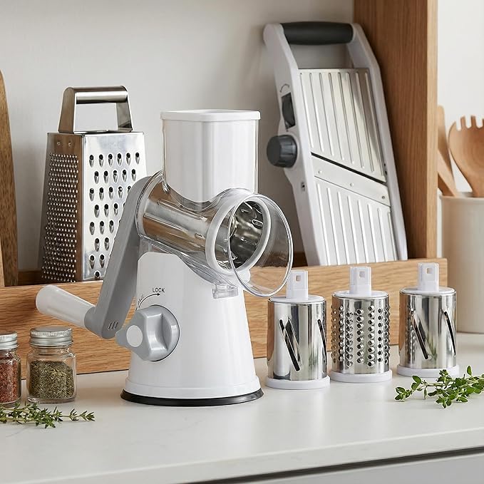 Manual Multi-Function Vegetable Slicer & Grater ??Interchangeable Blades for Shredding, Slicing, Shaving (Vegetables, Cheese, Nuts) (1, White)
