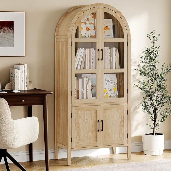 ONBRILL 71" Tall Arched Cabinet, 5-Tier Arched Kitchen Pantry with Glass Doors & Shelves, Modern Display Storage Cabinets with Adjustable Feet, Wooden Pantry Cabinet for Living Room, Dining Room