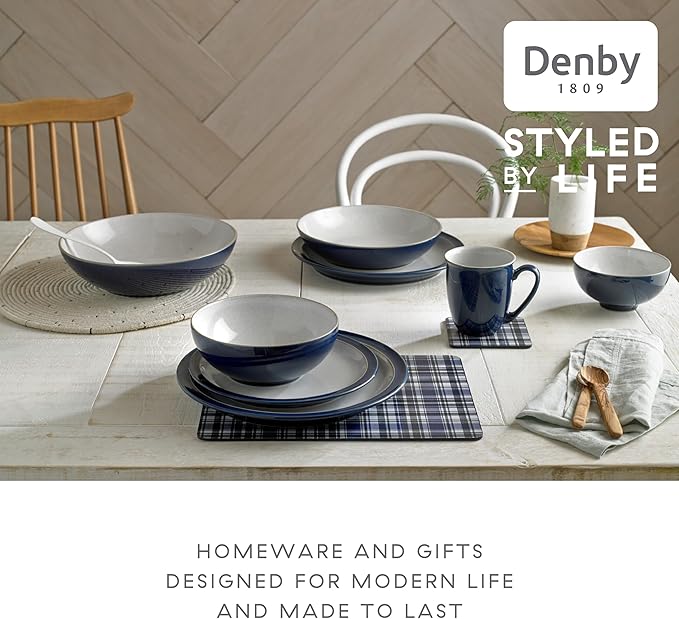 Denby - Elements Dark Blue 3 Piece Set For 1 - Contemporary One Person Ceramic Tableware - Dishwasher & Microwave Safe, Scratch Resistant Stoneware - Includes 1 x Large Plate, Side Plate & Cereal Bowl