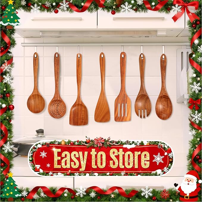 Wooden Spoons for Cooking, Wooden Utensils for Cooking Natural Teak Wooden Kitchen Utensils Set Comfort Grip(9 PCS Xmas Gift)