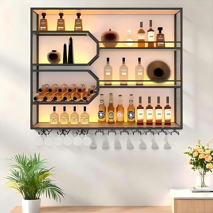 4-Tier Wine Rack Wall-Mounted & 59Inch Large Bar Shelf for Liquor Bottles, Black Metal Storage for Wine and Liquor Bottles in Home Bars or Dining Rooms (No Lighting, Right)
