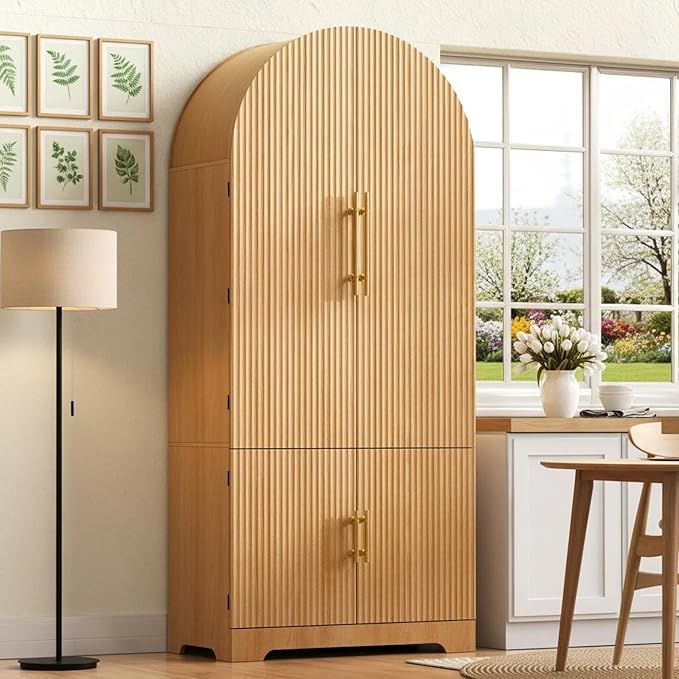 72" Tall Arched Kitchen Pantry, Modern Fluted Wood Storage Cabinet with 3 Adjustable Shelves and Hidden Drawer, Versatile Cupboard for Dining Room, Living Room, Bathroom, Natural