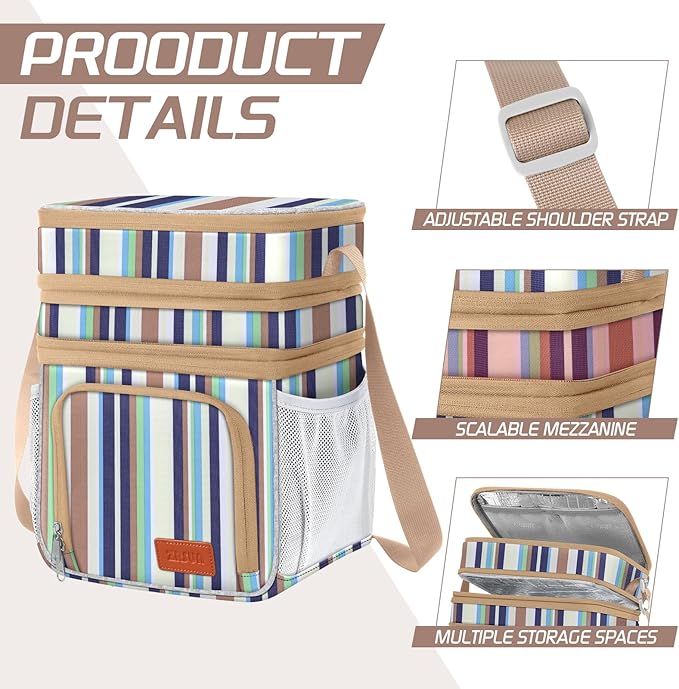 ZRSUN Insulated Lunch Bag for Women Men, Reusable 3 Layers Lunch Box Women, Expandable Reusable Water-resistant Lunch Box for Work Travel Office Picnic Hiking (Stripe)