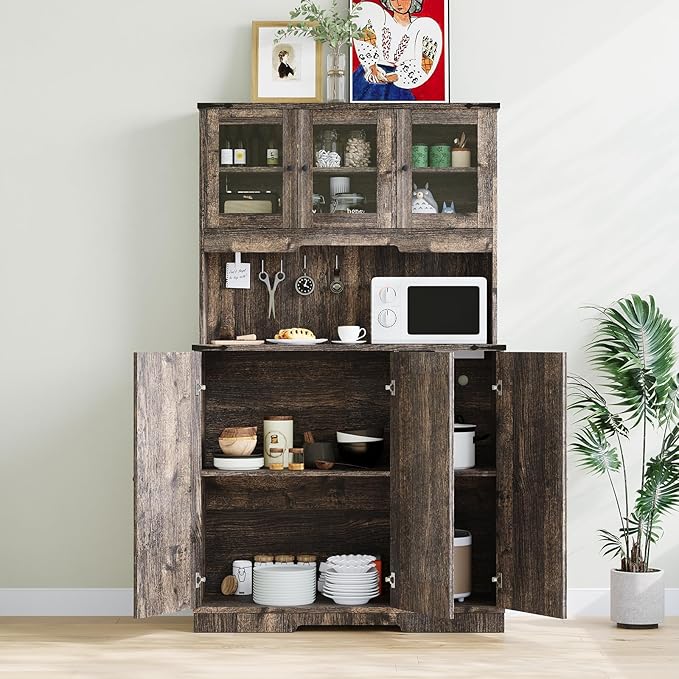 71 in Tall Pantry Cabinet with Charging Station, Farmhouse Kitchen Hutch Display Storage Cabinet with Microwave Stand, Coffee Bar Food Pantry with Glass Doors and Shelves for Living Room, Dining Room