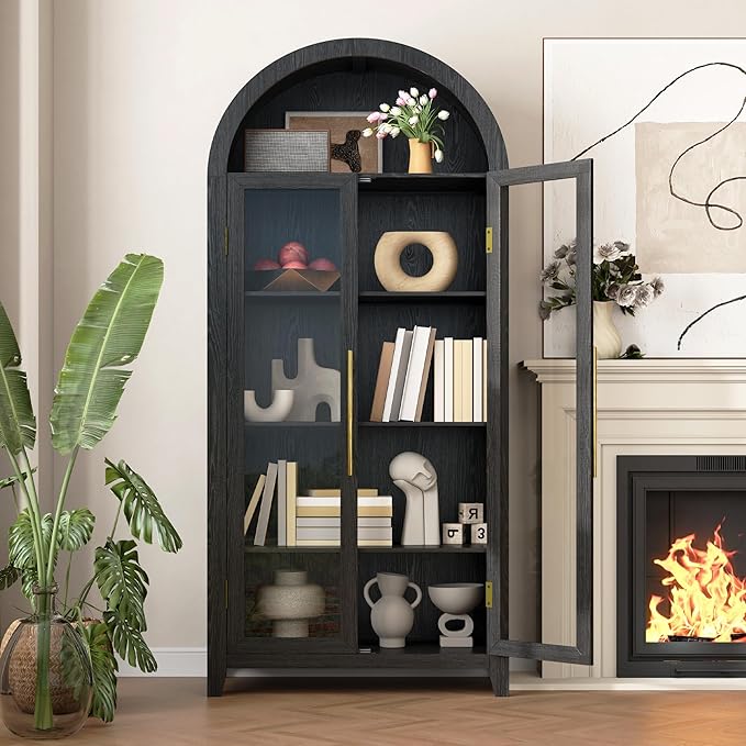 Vlsrka 71" Arched Storage Cabinet with Doors, Display Cabinet with LED Light & Human Sensor, 5-Tier Display Cases for Collectibles, Curio Cabinet with Ajustable Shelf for Living Room(Black)