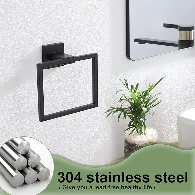 KOKOSIRI Hand Towel Ring Shower Towel Hanger 2PC Bath Towel Holder Bathroom Lavatory Stainless Steel Wall Mount 2 Pack, Matte Black, B3004BK-P2