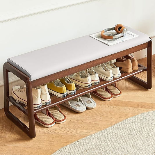 Fetuero Solid Wood Shoe Bench, 2-Tier Wooden Storage Entryway Bench, Small Entryway Bench, Mid-Century Modern Bedside Bench with Faux Leather Cushion for Dining Room Living Room, Cream Grey 21.65''