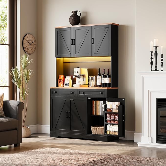 ELYKEN 71" Pantry Cabinet with Charging Station & LED Lights, Tall Kitchen Pantry with Hutch, Microwave Stand, Farmhouse Pantry with Door Shelf & Drawer & Adjustable Shelf for Dining Room, Black