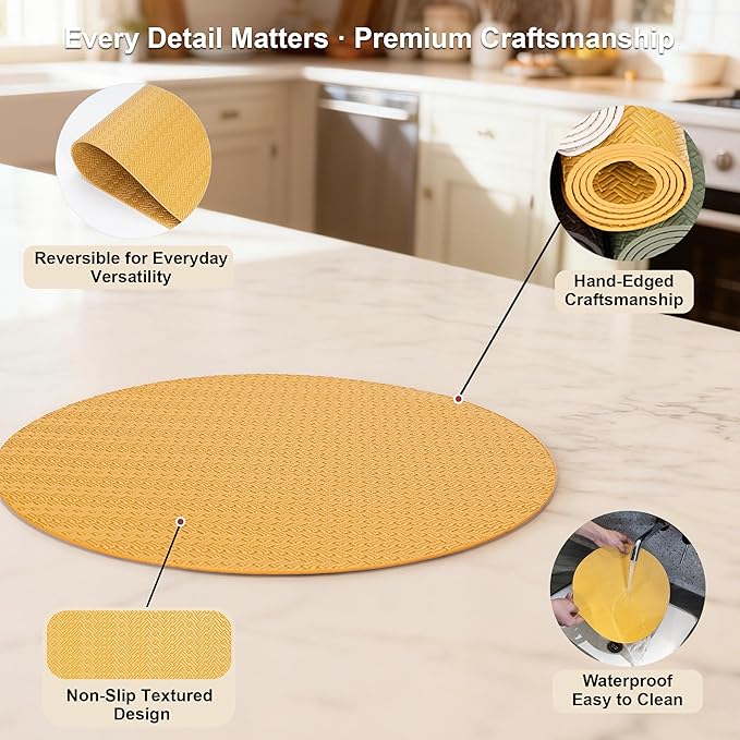 PROMATTOO Round Faux Leather Placemats Set of 6 ??13 Inch Vinyl Mats, Heat Resistant, Non Slip, Wipeable & Washable, Easy to Clean Decor for Kitchen & Holiday Meals ??Golden Yellow