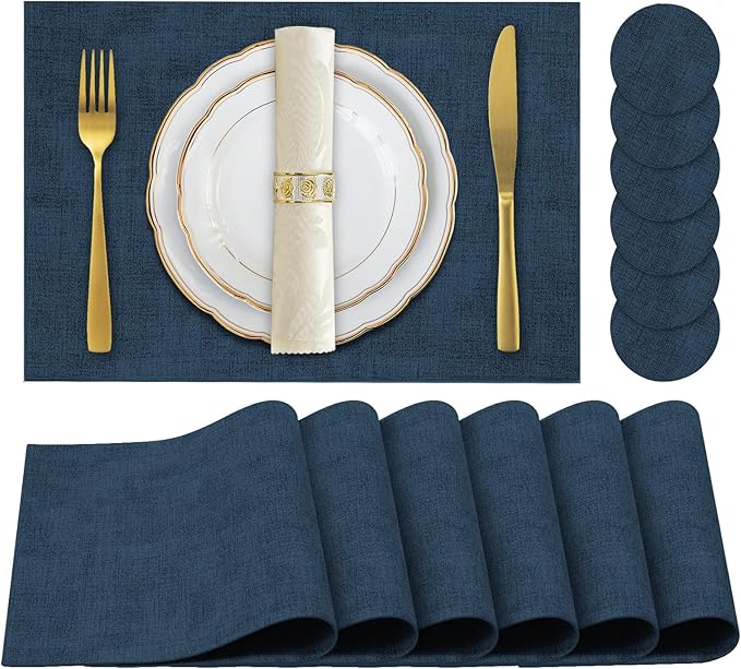 JUCCWARM Faux Leather Placemats Set of 6,Heat Resistant Placemats for Dining Table, Easy Clean Non-Slip Place Mats, Waterproof Stain Resistant Wipeable Washable PU Table Mats, (Navy Blue)