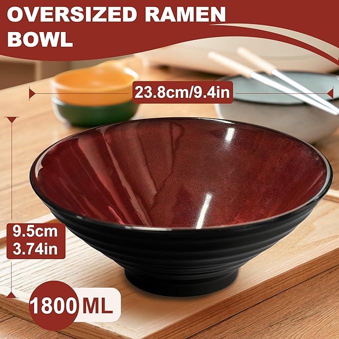 9.4-Inch 4 Sets Ceramic Ramen Bowl (16 Piece) - Japanese Porcelain Dishwasher Microwave Safe Salad Noodles Cereal Pasta Soup Large Bowls with Chopsticks Forks Spoons for Men Women Housewarming Gift