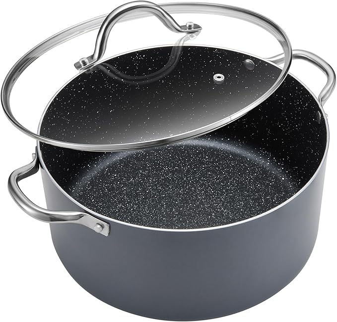 BEZIA 8 Quart Cooking Pot, Large Non Stick Induction Stock Pots with Lid, All Stove Compatible, 8 QT Aluminum Soup/Stew Pot For Families of 3??, Grey