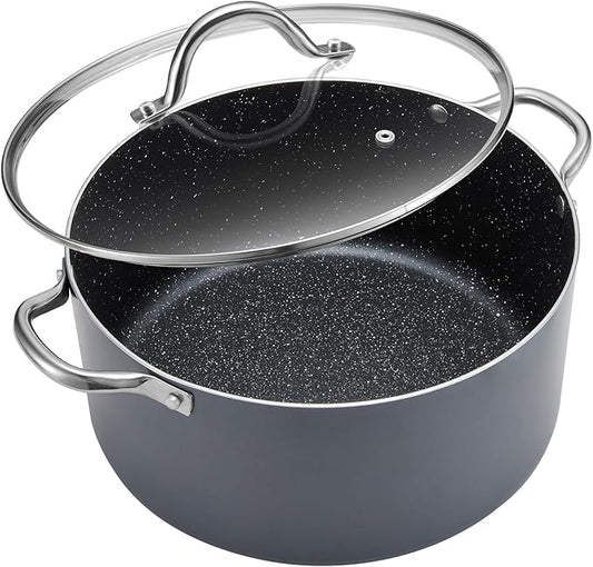 BEZIA 8 Quart Cooking Pot, Large Non Stick Induction Stock Pots with Lid, All Stove Compatible, 8 QT Aluminum Soup/Stew Pot For Families of 3??, Grey