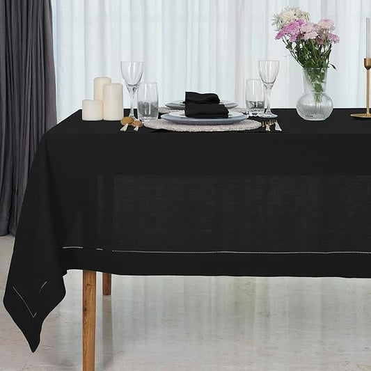 D'Moksha Homes Black Linen Tablecloth 54 x 72 Inch - 100% Pure Linen Black Table Cloth for Rectangle Tables - Classic Hemstitch, Machine Washable Tablecloth for Spring, Easter
