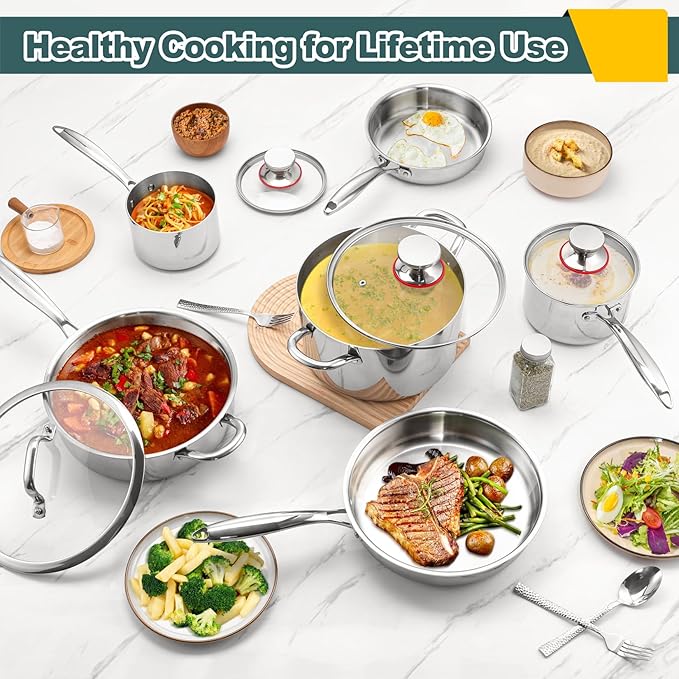 P&P CHEF 3-Ply Stainless Steel Cookware Set of 6, 10-Pieces Pots and Pans Sets Stainless Steel for Kitchen, Induction Multi Cooktops & Oven, Dishwasher Safe, Frying Pans, Saucepans, Saute Pan & Pot
