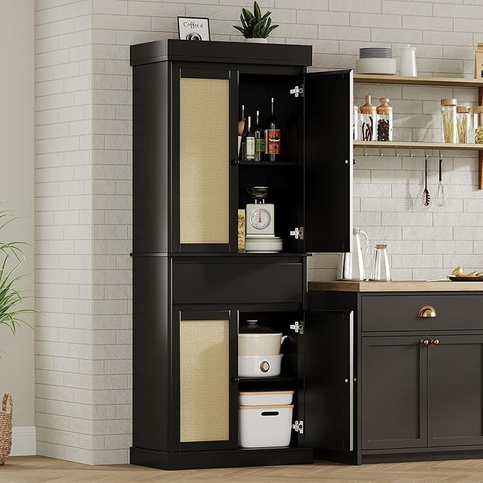 Tall Kitchen Pantry Cabinet with Rattan Doors, Adjustable Shelves & Drawer, Freestanding Storage Cupboard for Bathroom, Dining Room & Living Room（New Black）
