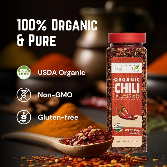 Crushed Red Pepper Flakes Organic 9.52 oz - Chili Flakes Seasoning for Cooking - 100% Pure and Natural, USDA Organic, Kosher, Non-GMO Seasoning for Cooking and Dressigns - The Holly Tree