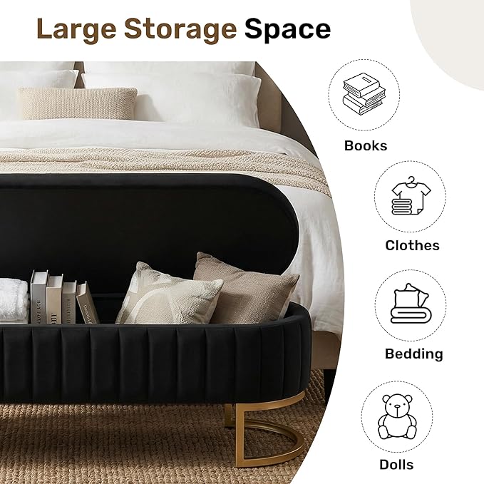 VIROL 51 Inch Storage Ottoman Bench Velvet End of Bed Storage Bench King Size Upholstered Tufted Bench Large Space for Bedroom Living Room Entryway Black
