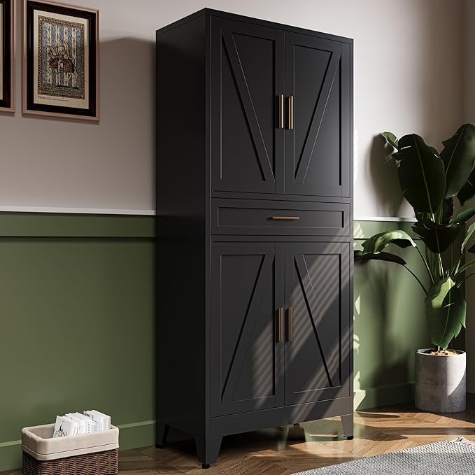 71" H Metal Kitchen Pantry Cabinet with Drawers,Black Kitchen Storage Cabinets with Doors,Tall Pantry Food Storage Cabinets,Large Freestanding Cabinets for Dining Room, Living Room