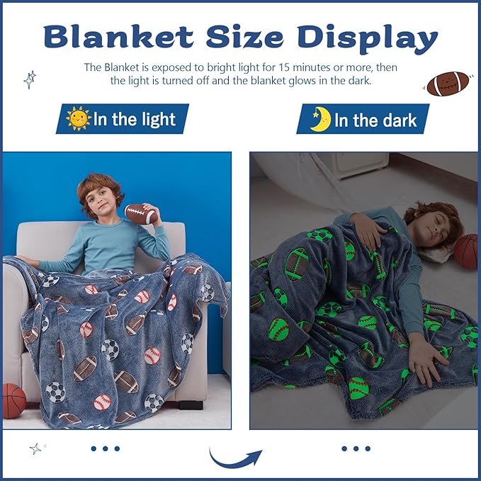 QSTEHEML Soccer Glow in The Dark Blanket,Football Gifts Toys for Kids Boys Age 3-12 Years Old,Birthday, for Toddler, Teen, Son, Soft Luminous Throw Blanket 50"횞60"