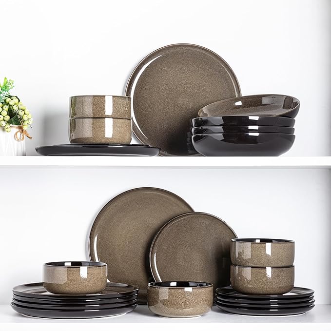 LeRatio Ceramic Dinnerware Sets for 4,12-Piece Plates and Bowls,Handmade Reactive Glaze Dishes Set, Scratch Resistant | Oven&Dishwasher & Microwave Safe,Service for 4竊?2pcs),Modern-Chestnut