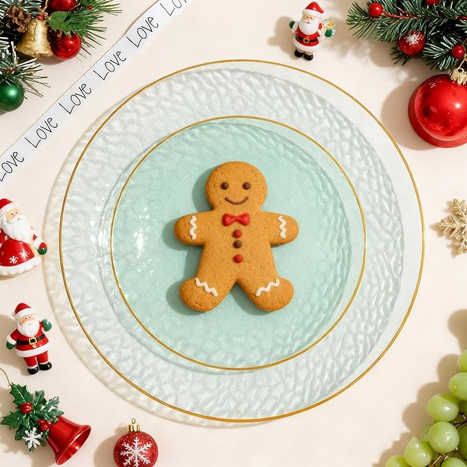 SUT 36Pcs Green Christmas Plastic Plates, Hammered Plates Disposable Heavy Duty, Green Disposable Plates With Gold Rim, Fancy Plastic plates Include 18 Dinner and 18 Dessert plates for Party