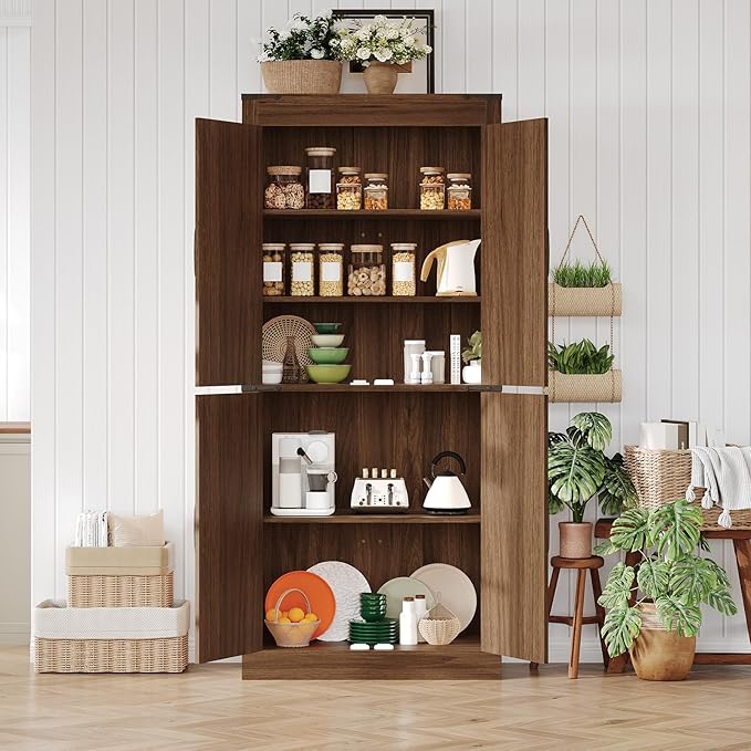 IDEALHOUSE 71" Tall Pantry Cabinet, Farmhouse Kitchen Pantry Storage Cabinets with 4 Doors and 5 Shelve, Large Narrow Food Storage Cabinet Cupboard for Dining Room Living Room