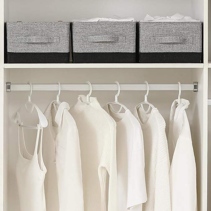 linen closet organizers and storage, 3 Pack Large Storage Baskets, Washable, Clothing Storage Bins with Handle, Closet Organizer for Storage Sweater,Sheets (gray black, 16"x9쩍"x6쩐")