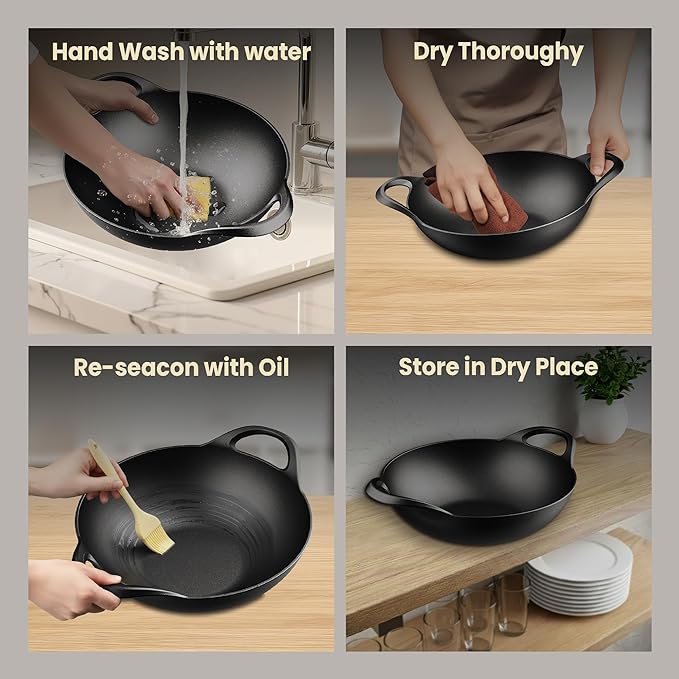 Bakken Pre-Seasoned Cast Iron Wok with Wooden Lid, 14" Stir Fry Pan for Gas, Electric, Induction & Open Fir, Heavy-Duty Flat Bottom Wok with Dual Handles for Even Heating & High-Heat Cooking, 8.8 lbs