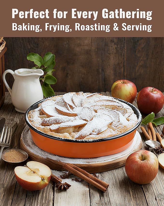 Round Roasting Pan Set Bakeware 4 Pack Baking Cake Pans Enamel Casserole Dish 9/10/12/14 Inch Non-Stick Chicken Roaster Oven Dishwasher Safe Mother's Christmas Gift Cookware (Orange)