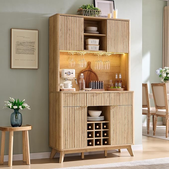 OKD 72" Tall Wine Bar Cabinet with Storage Hutch, Modern Wood Fluted Coffee Bar Cabinet with LED Lights and 10 Tier Storage Shelf & 9 Grid Wine Glass Rack for Home Dining Room Kitchen (Natural Oak)
