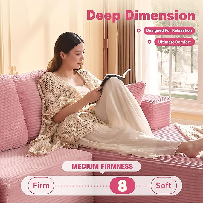 138" Boneless Couch with Deep Seat, Modular Sectional Sofa, Cloud Sectional Couch for Living Room, No Assembly Required, Corduroy, U-Shape 4 Seater Right, Pink
