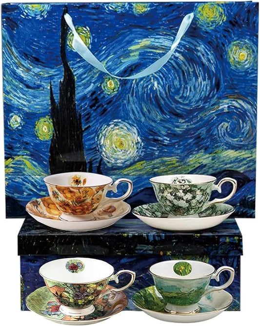 Van Gogh Bone China Set of 4 Cups and Saucers, Coffee Cup and Saucer Set With Gift Box, 7.4-Ounce Art Coffee Mugs Set - Perfect Birthday/Holiday/Wedding Gift