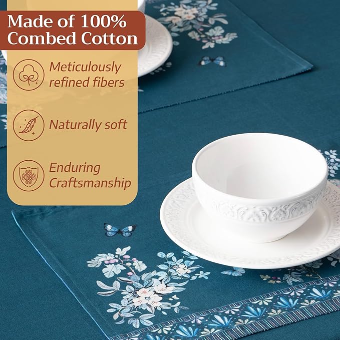 Maison d' Hermine Place Mats 100% Combed Cotton Premium (13 Inch x 19 Inch) Cloth Place Mat Washable Dinner Placemat, Dinner & Dining, Peacock Utopia - Deep Sea (Set of 4)