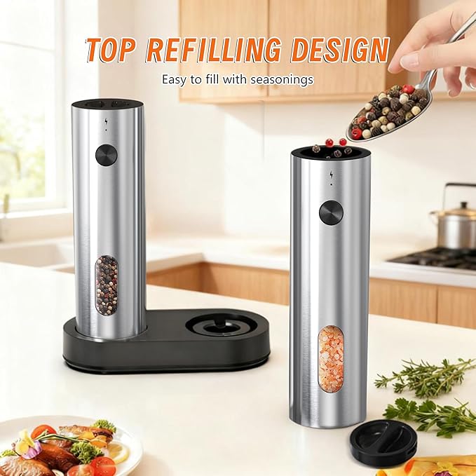 Electric Salt and Pepper Grinder Set,Rechargeable,Adjustable Coarseness,LED Light with Dual Charging Base,110ml Upgraded Large Capacity,Top-Refill,Stainless Steel Automatic Pepper Shakers