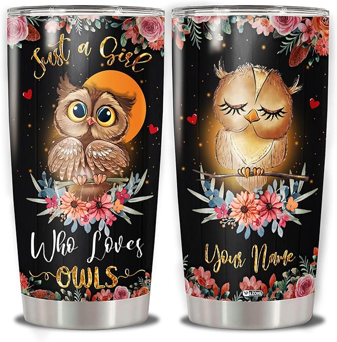 WAZONE Personalized Owl Tumbler Cup 20 30oz Customized Name Double Wall Vacuum Insulated Travel Mug Cups Stainless Steel Birthday Christmas Gifts For Owls Lovers Women Girl Da