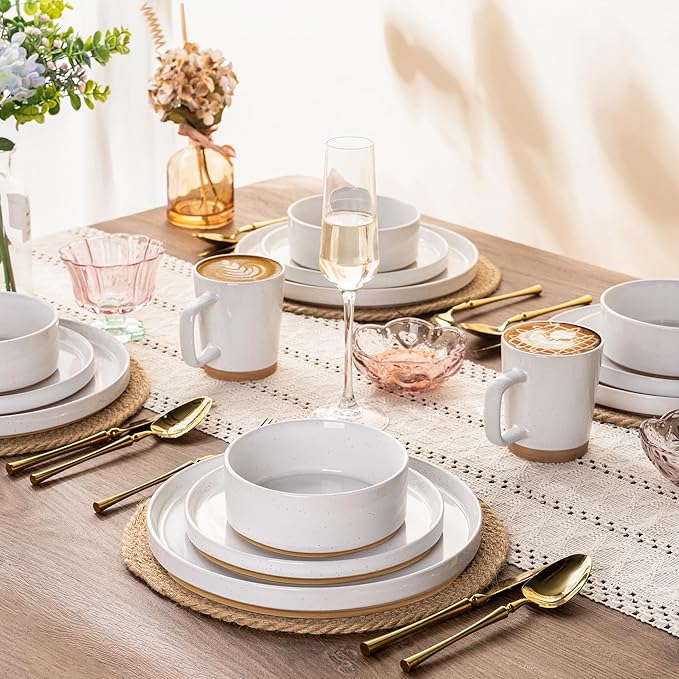 AmorArc Ceramic Dinnerware Set for 4 | Speckled Stoneware Plates and Bowls with unglazed terracotta | Scratch Resistant, Dishwasher & Microwave Safe Dishes Sets- 12-Pcs Milk White