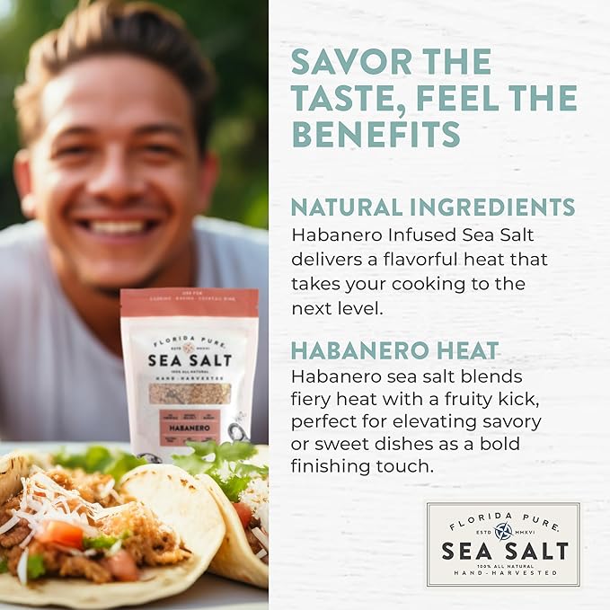 FLORIDA PURE Habanero Sea Salt - 80+ Mineral Sea Salt, Natural, Unrefined, Non Iodized - for Baking, Cooking, Seasoning & Enhancing Taste - Rich Taste Flaky Sea Salt (3 oz Pouch)