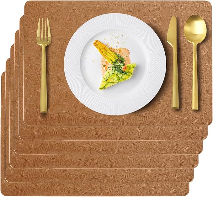 Uolr Vinyl Placemats Set of 6 Faux Leather 100% Waterproof Wipeable Washable Place Mats Heat Resistant Easy Clean Non-Slip Table Mats for Indoor Outdoor. (6, Brown)