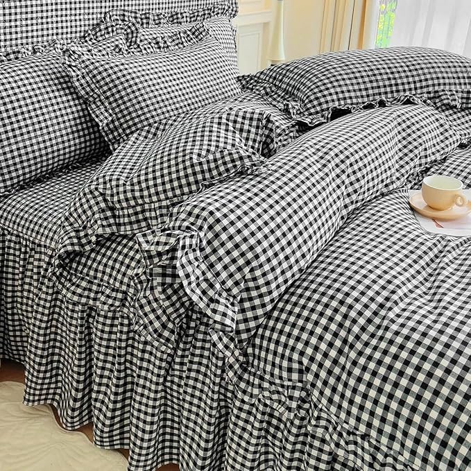 LifeTB Twin XL Comforter Set Black Gingham Comforter with 2 Pillowcases Vintage Ruffle Plaid Comforter Set Grid Bedding Checkered Pattern Comforter Fluffy Soft Plaid Gingham Bedding Set Twin XL