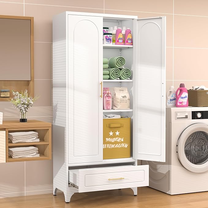 75??Kitchen Pantry Storage Cabinet,Metal Tall Storage Cabinet with Drawers and Adjustable Shelves,Modern Kitchen Hutch Cabinet,Freestanding Cupboard for Dining Room
