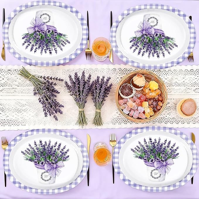 50 Pcs Purple Lavender Gingham Oval Paper Plates 10" x 12" Large Disposable Spring Purple Lavender Floral Heavy Duty Paper Platters Lavenders Theme Plates for Wedding Baby Shower Party Supplies