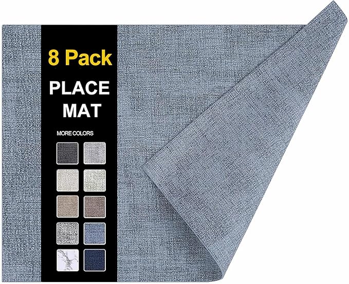 homing Faux Leather Heat Resistant Placemats 8 Packs, Waterproof Wipeable Dining PU Place Mats for Indoor & Outdoor, Easy to Clean, Denim Blue