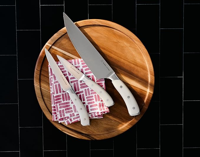 DURA LIVING 3-Piece Kitchen Knife Set ??Ultra-Sharp German Stainless Steel, 8??Chef, 5??Utility, and 3.5??Paring Knives with Ergonomic Handles, Multipurpose Kitchen Knife Set, Clear