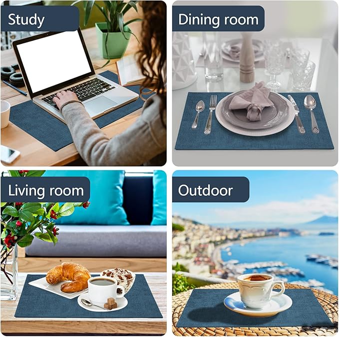 JUCCWARM Faux Leather Placemats Set of 6,Heat Resistant Placemats for Dining Table, Easy Clean Non-Slip Place Mats, Waterproof Stain Resistant Wipeable Washable PU Table Mats, (Navy Blue)