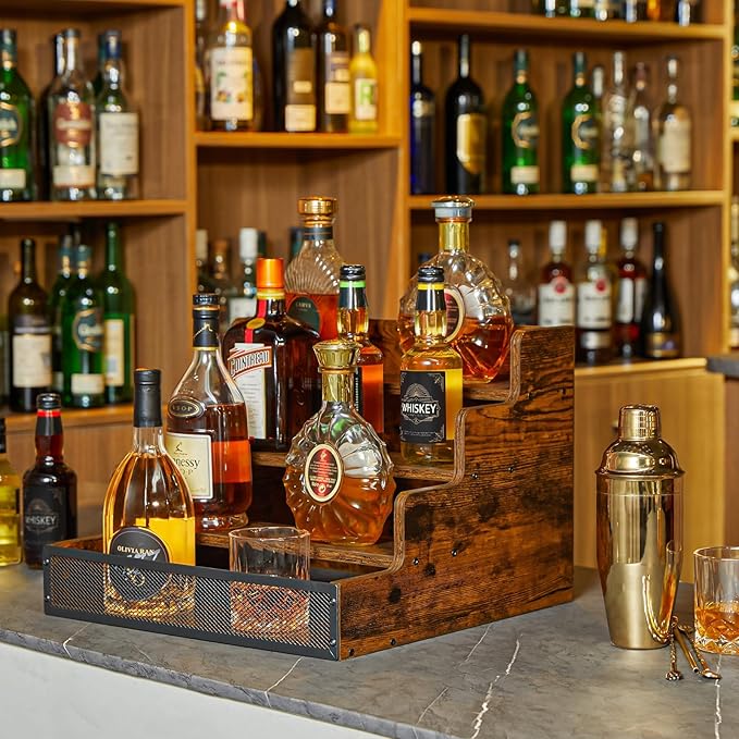4 Step Countertop Liquor Bottle Display Shelf, Wood Bar Shelves 16 Bottles with Fences, Freestanding Storage Shelves for Liquor Whiskey Wine Coffee Syrup Display, Retro Wine Rack Home