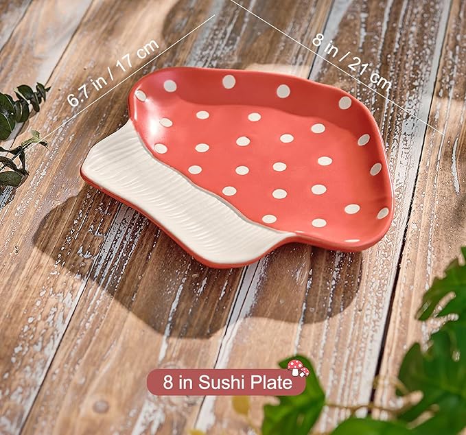 Mushroom Snack Plate, 8 in Polka Dot Safety Ceramic Dessert Appetizer Plates, Cute Sushi Dinner Plates, Pasta & More.
