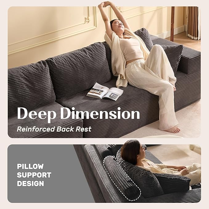 138" Modular Sofa Memory Foam Sectional Couches for Living Room, Sleeper Sofa Bed, Corduroy, Grey