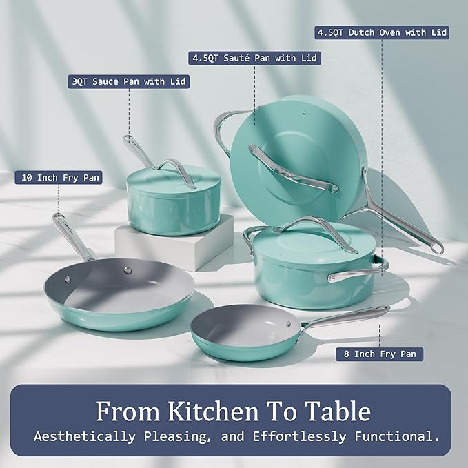 Stock Pot 4.5qt Dutch Oven with Lid (9.5"x 4") Nonstick Ceramic Coated Non-Toxic PFAS-Free Even Heat Distribution for Braising, Baking Bread & Soups, Compatible for All Cooktops(Induction/Gas/Electric) Oven Safe to 500째F (Caribbean Blue)